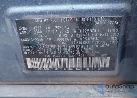 2013 Subaru Outback 2.5I Limited from USA, damaged, VIN 4S4BRBKC2D3293806